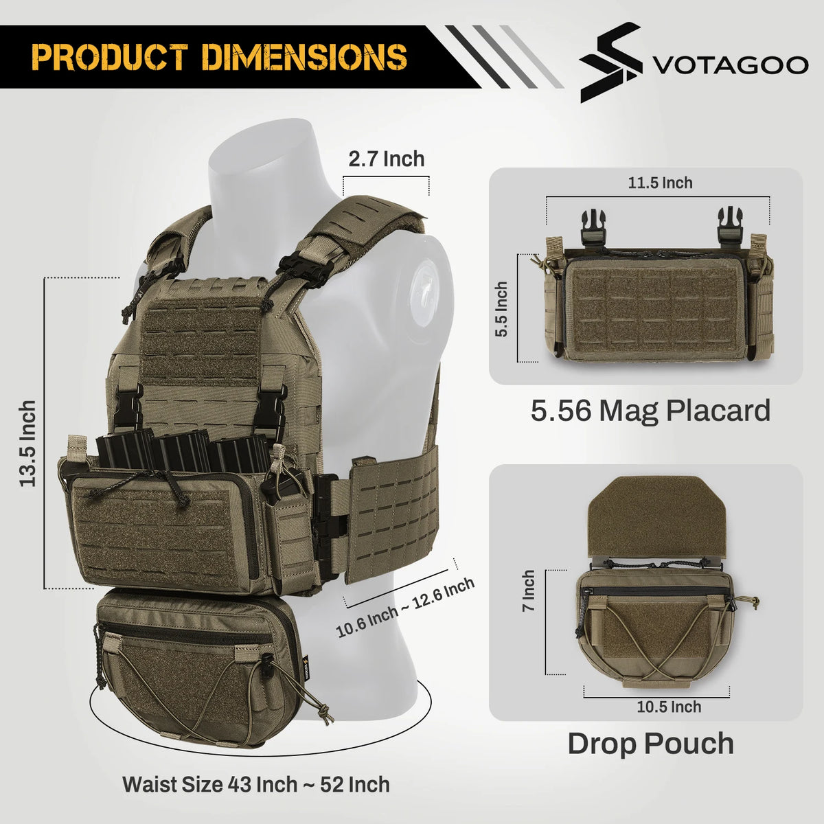 VOTAGOO Adjustable Tactical Vest with Admin Drop Pouch Airsoft Molle Hunting Combat Gear CS Vest Outdoor Military BB Load Out
