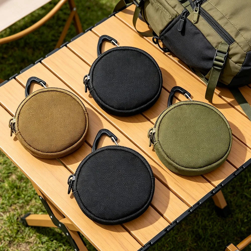 Mini Tactical EDC Coin Purse Round Zipper Key Holder Nylon Storage Pouch with Carabiner Clip for Daily Use Outdoor Accessories