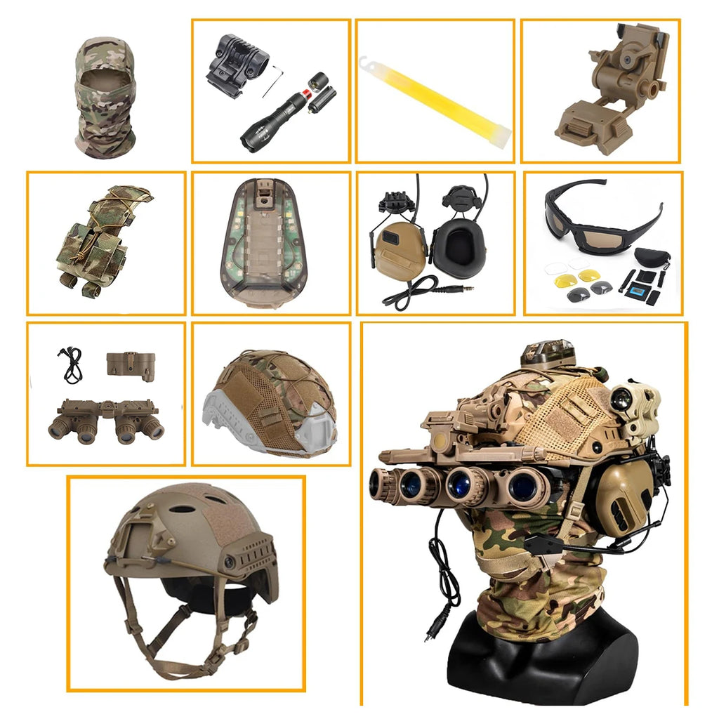 Tactical Airsoft Helmet Set with Headset Helmet Cover NVG Model Flashlight Signal Light for Cosplay Paintball Hunting BB CS Game