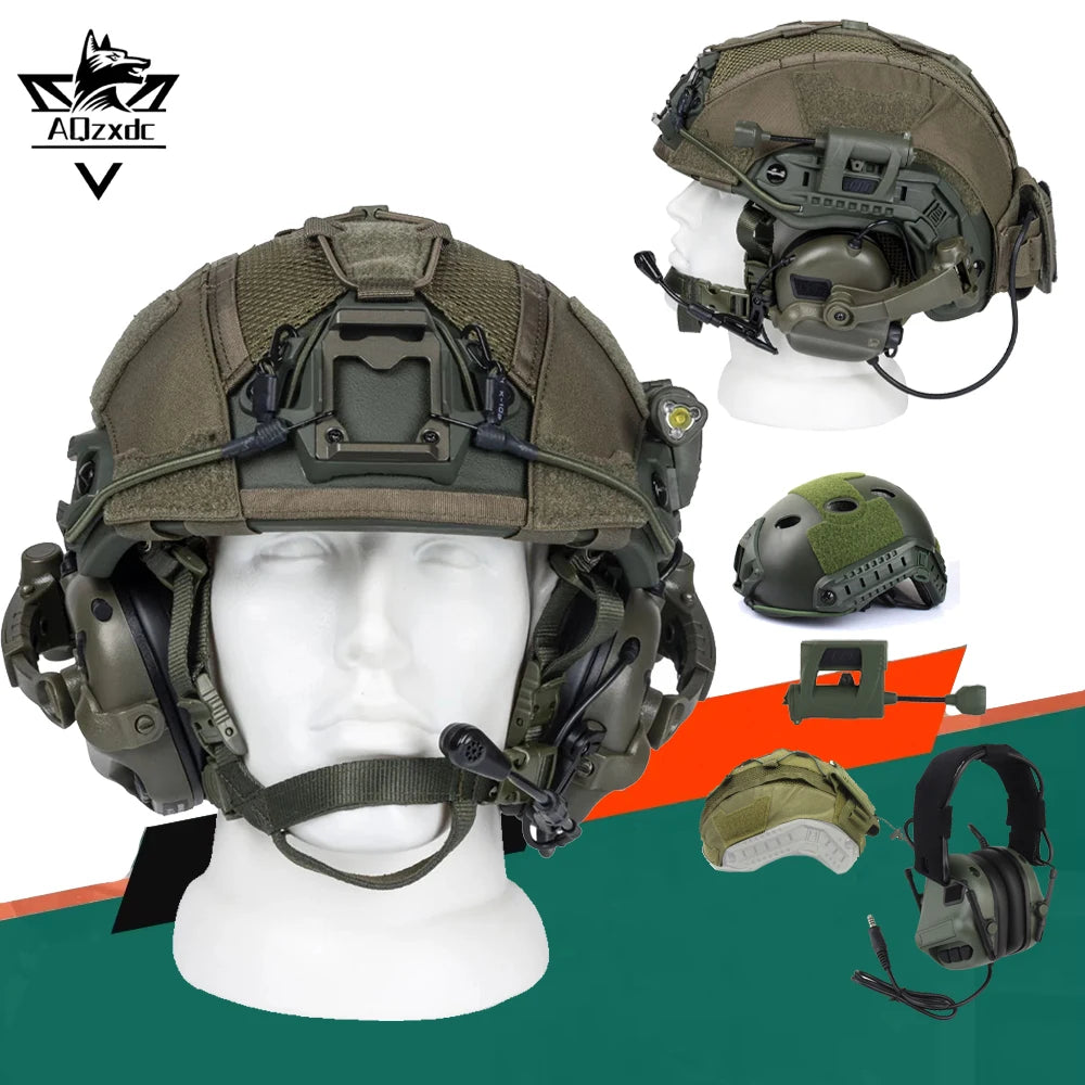Tactical Airsoft Helmet Set FAST Protective Helmet with Earphones Helmet Cloth Helmet Light for CS Hunting Shooting Rrole Play