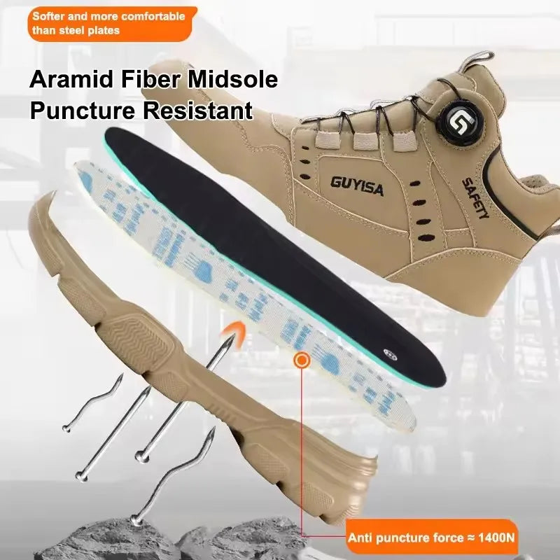 Men Rotary Button Safety Work Shoes Anti Smash Anti Puncture Steel Toe Indestructible Labor Protection Boots