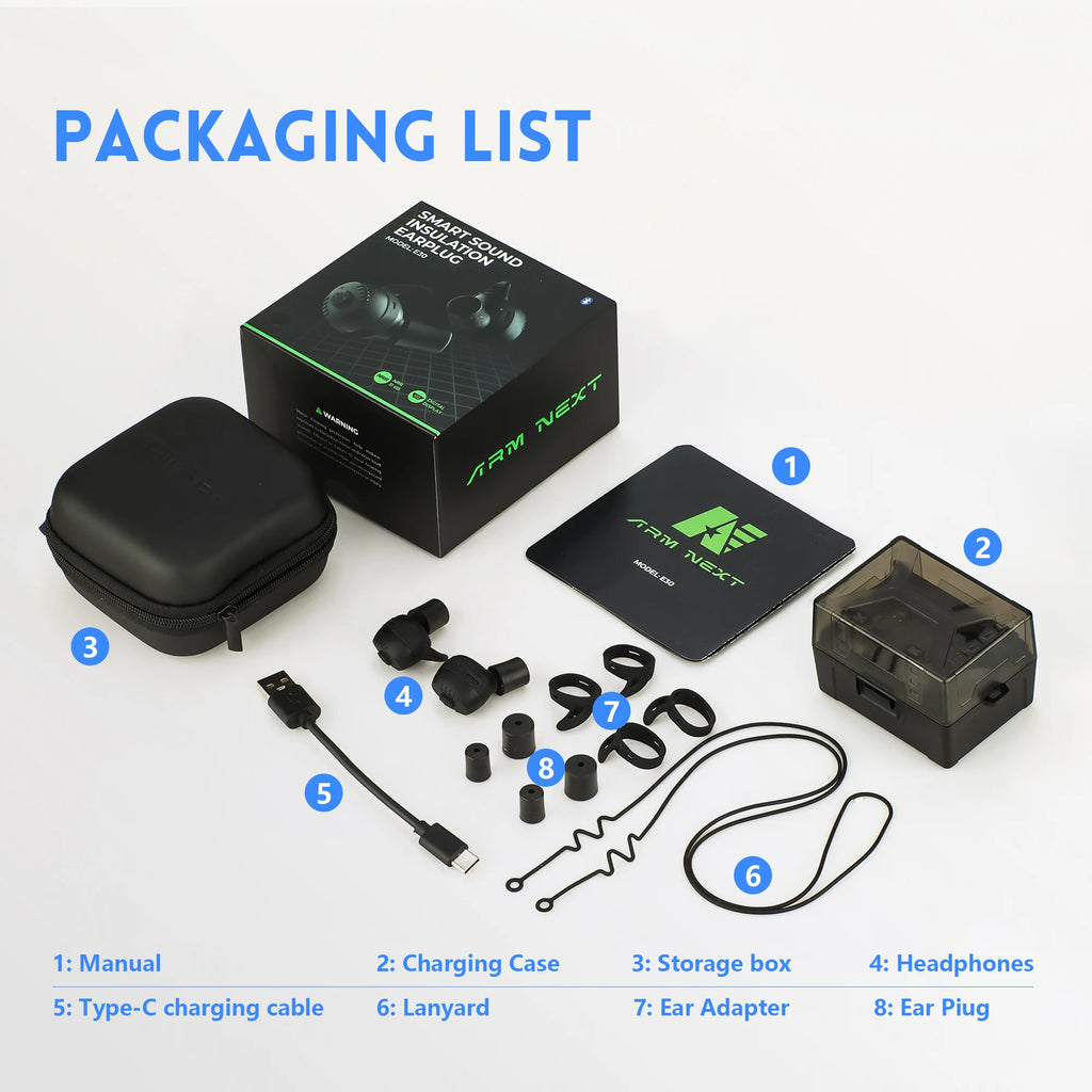 ARM NEXT E30 Tactical Headset Electronic Anti-Noise Earplugs Noise-Cancelling for Shooting Protection NRR27dB with Bluetooth