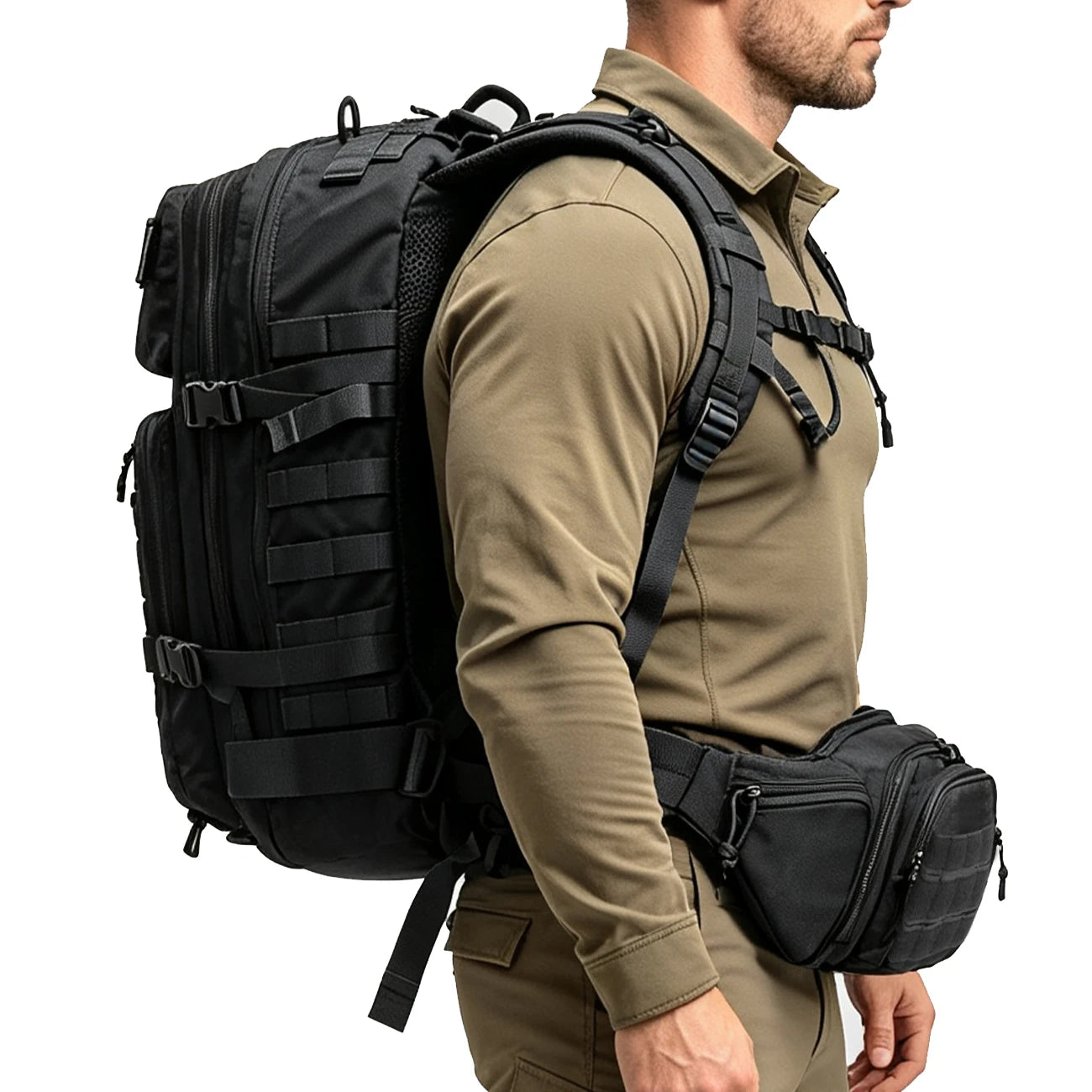 Large capacity backpack+matching adjustable waist bag, rich internal compartments, strong expandability, quick buckle strap