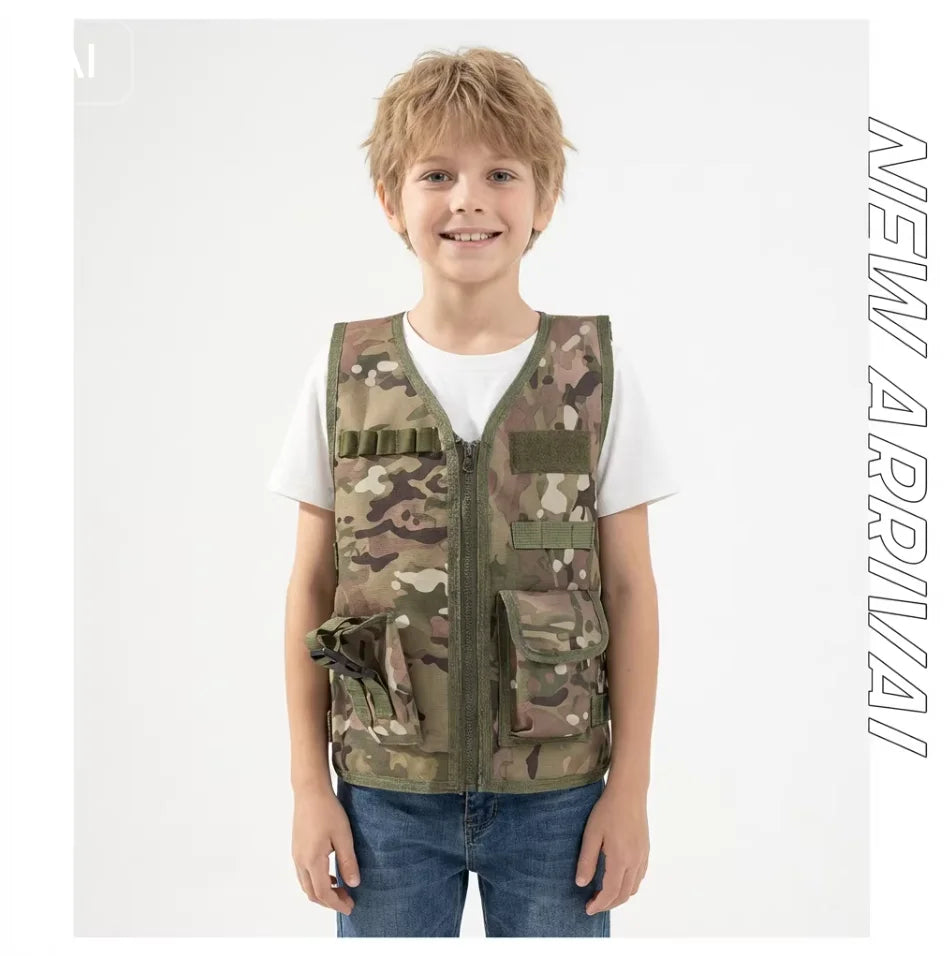 Kid Camouflage Tactical Vest Children Outdoor Multi-Pocket Utility Vest for Camping Hiking Hunting Role Play School Training