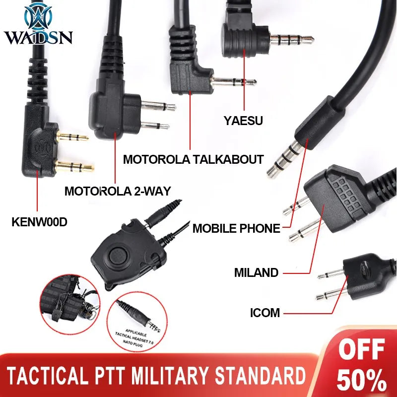 WADSN Tactical PTT Push-Talk Button C2 Headset CII III Headphone With Motorola Kenwood Icom Midland Plug fit for Baofeng Radio