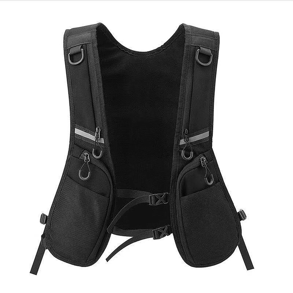 Black jacket vest with multiple pockets, quick release buckle for adjustable waist, outdoor sports reflective tape