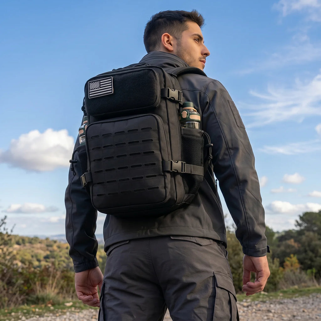 26L Tactical Travel Backpack for Men with Dual Cup Holders, MOLLE Outdoor Hiking Rucksack for Fitness Gym, Camping & Daily Commute