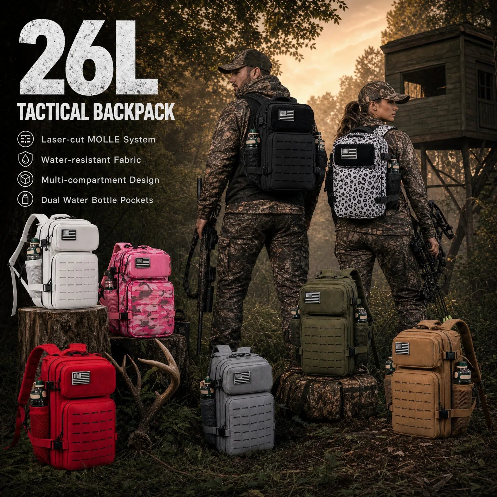 26L Tactical Hunting Backpack for Men with Dual Cup Holders, MOLLE Outdoor Hiking Rucksack for Deer Bow Archery Elk Duck Waterfowl Hunting, Camping Travel Gear Storage Bag
