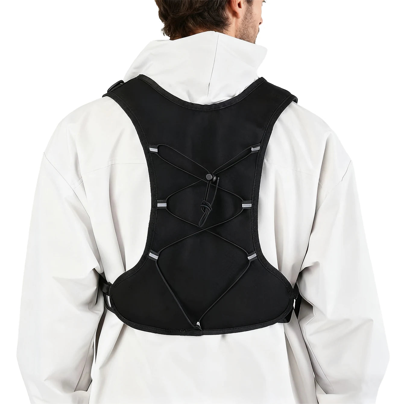Black jacket vest with multiple pockets, quick release buckle for adjustable waist, outdoor sports reflective tape