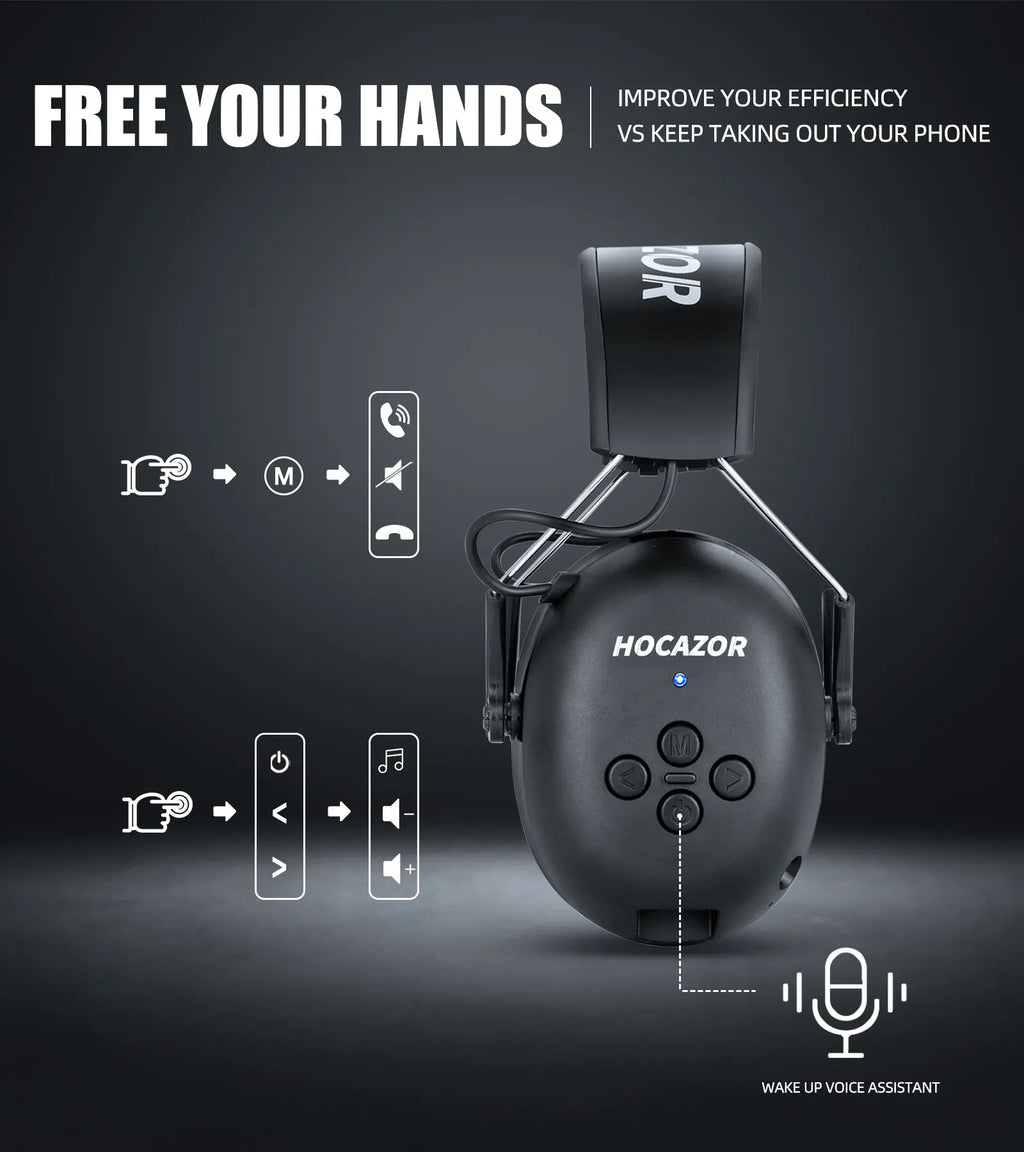 HOCAZOR Electronic Hearing Protection Bluetooth 5.3 Music Headphones for Mowing Noise Cancelling Earmuffs Security Protecter