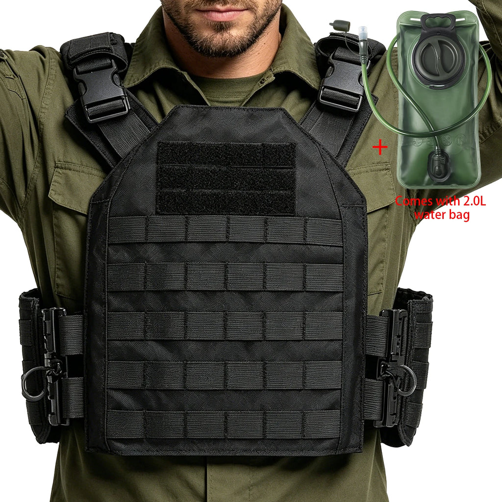 MOLLE webbing system hunting vest comes with a 2.0-liter capacity water bag, quick release buckle, water hose, and bite