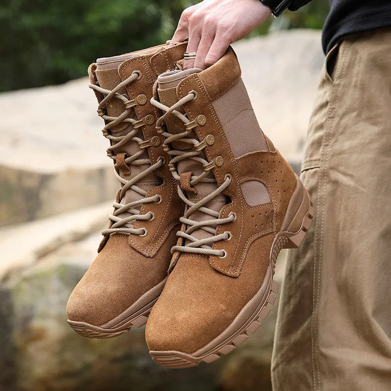 Men's Brown Tactical Boots Suede Cowhide Side Zipper Desert Boots Puncture Resistant Water Repellent For Hiking Camping Hunting