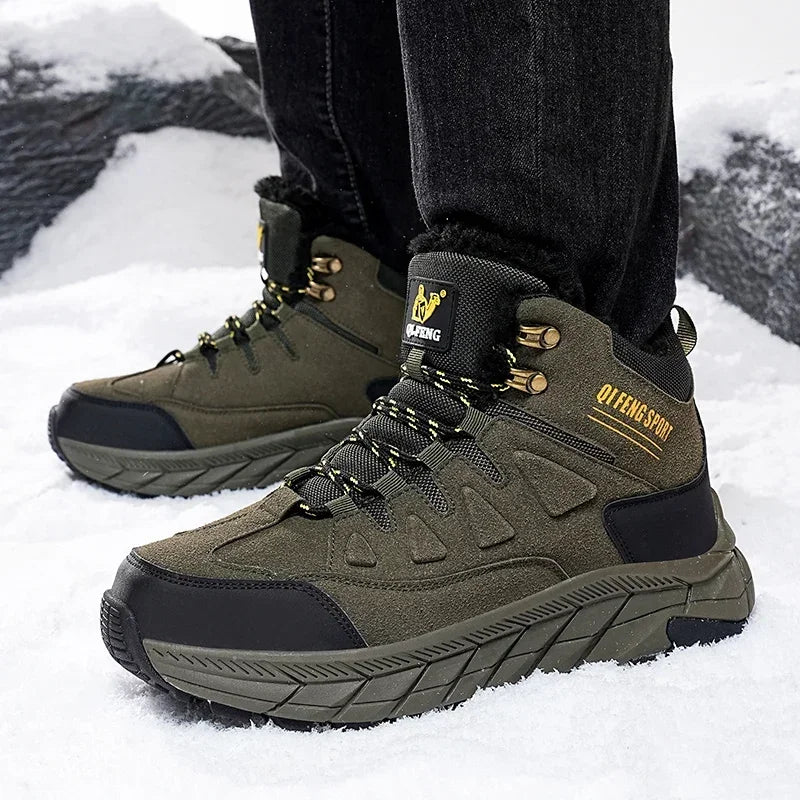 2025 Leather Hiking Boots Mens Winter Outdoor Warm Fur Non Slip Fashion Hike Ankle Boot Black Hunting Boots Rubber Large Size 48