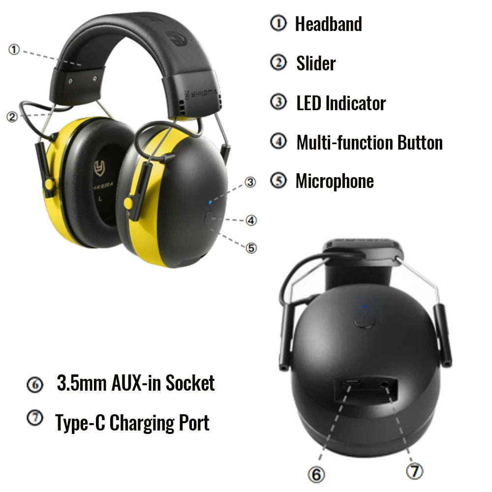 YHKEMA EB20 Bluetooth Hearing Protection Headset Comfortable Earmuffs AUX Mode Noise Reduction Headphones