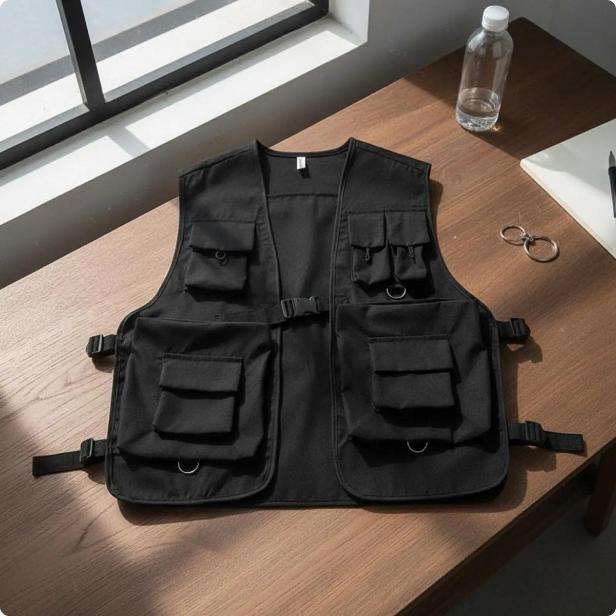 Black Cargo Vest Streetwear Multi-Compartment Vest Apparel for Women, Outdoor
