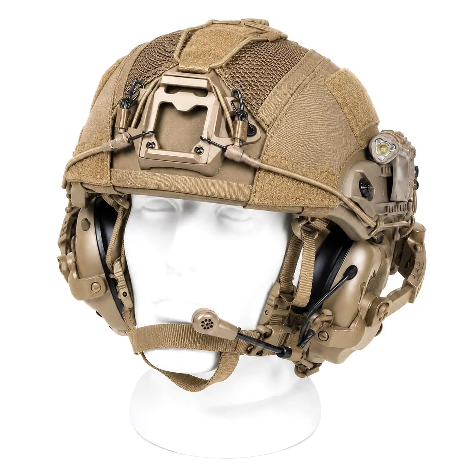 Airsoft Tactical Helmet Set with Headset, Rail LED Light and Mesh Cover, Lightweight FAST Helmet for Paintball Wargame
