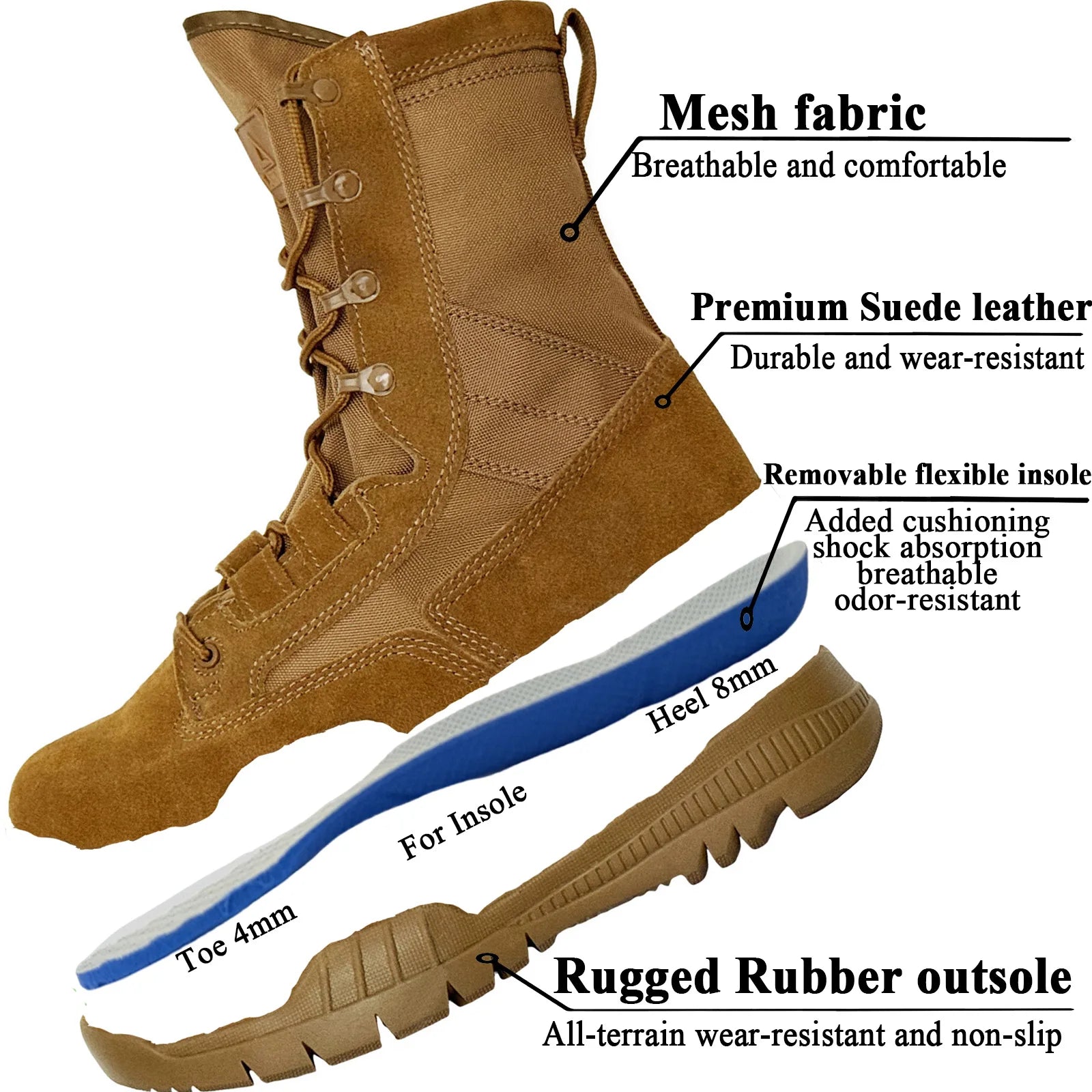 LAHORS® High-Top Men's Leather Hiking Work Boots With Zipper Non-Slip Lightweight Combat &Tactical Breathable Desert Boots