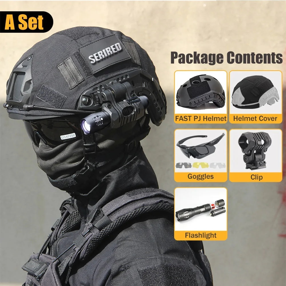 Tactical Airsoft Helmet Set with FAST PJ Helmet & Helmet Cover Headset Flashlight Goggles for Cs Airsoft Huntying Shooting Game