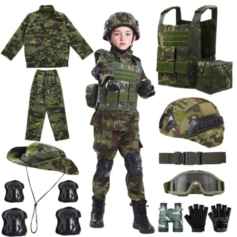 Kids Military Combat Costume with Tactical Vest Airsoft Helmet Telescope Outdoor Performance Children's Training Uniform Set