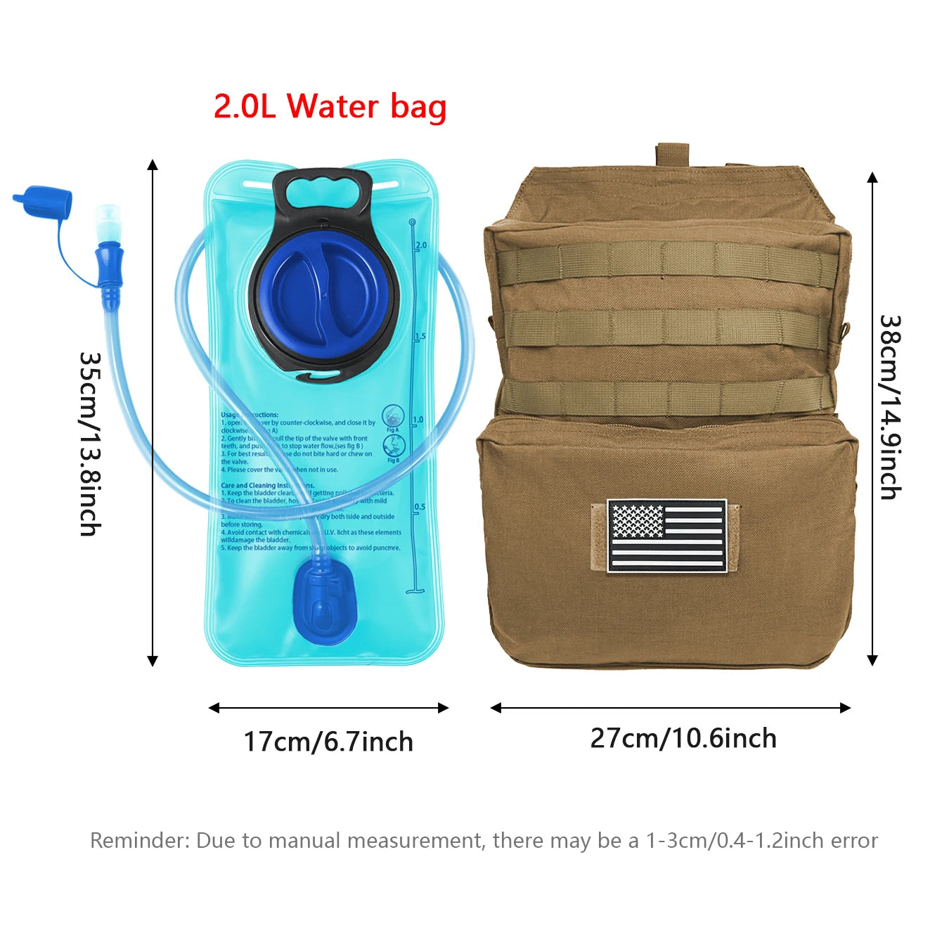 2L soft water bag with accessories backpack, designed to be attached to a MOLLE system vest for use in outdoor sports