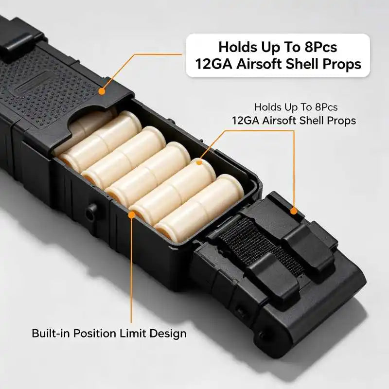 MOLLE Quick Attach 8-Round 12GA Airsoft Shotgun Shell Holder, Tactical Ammo Pouch with Removable Bottom, Heavy Duty ABS Shell Carrier for Vest Belt Gear Organization