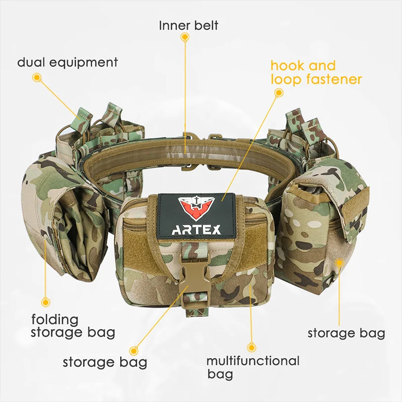 ARTEX Tactical Battle Belt 7 in 1 Airsoft Utility, Tactical Waist Belt 1000D Nylon Tactical Duty Belt with Mag Pouch Bag