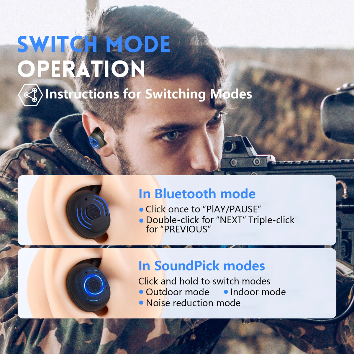 E30 Tactical Earphone Earplugs NRR31dB -Tactical Bluetooth Earbuds with Active Noise Cancelling for Shooting Hearing Protection