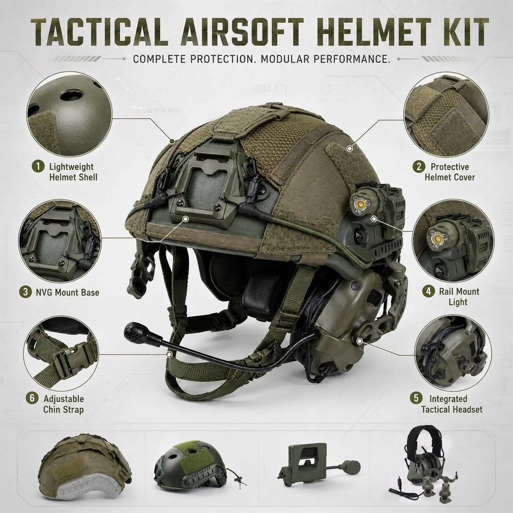 Tactical Airsoft Helmet Kit with Headset, Rail LED Light & Mesh Cover, Lightweight FAST Helmet for Paintball Wargame
