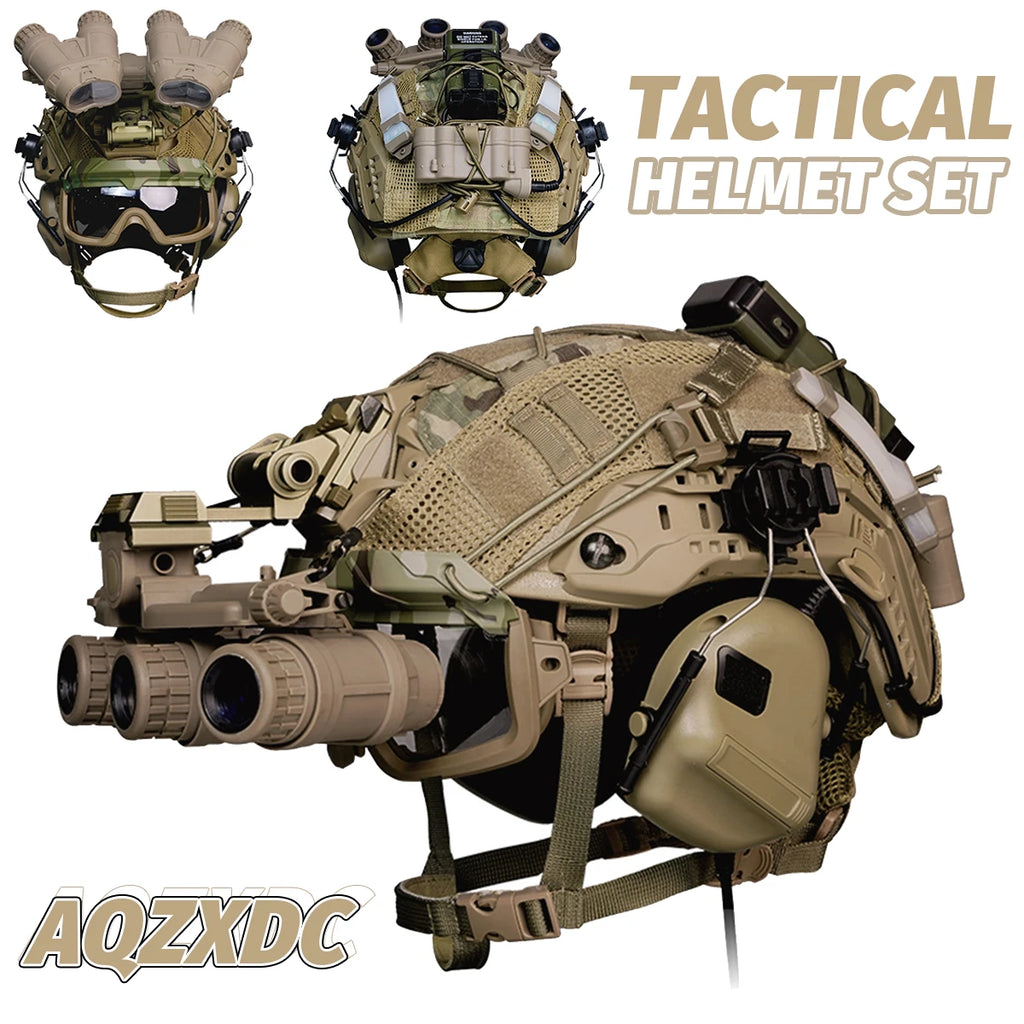 AQzxdc Fast Airsoft Helmet Set with Headset  Night Vision Goggles Signal Lights for Hunting Shooting Cosplay Tactical Equipment