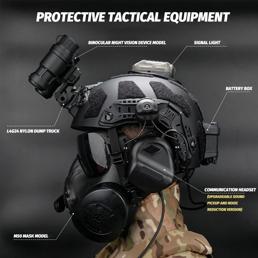 M50 Gas Mask Set with SF Ultra-High-Cut Airsoft Helmet Night Vision Goggles Model Signal Light Tactical Headset for CS Wargame