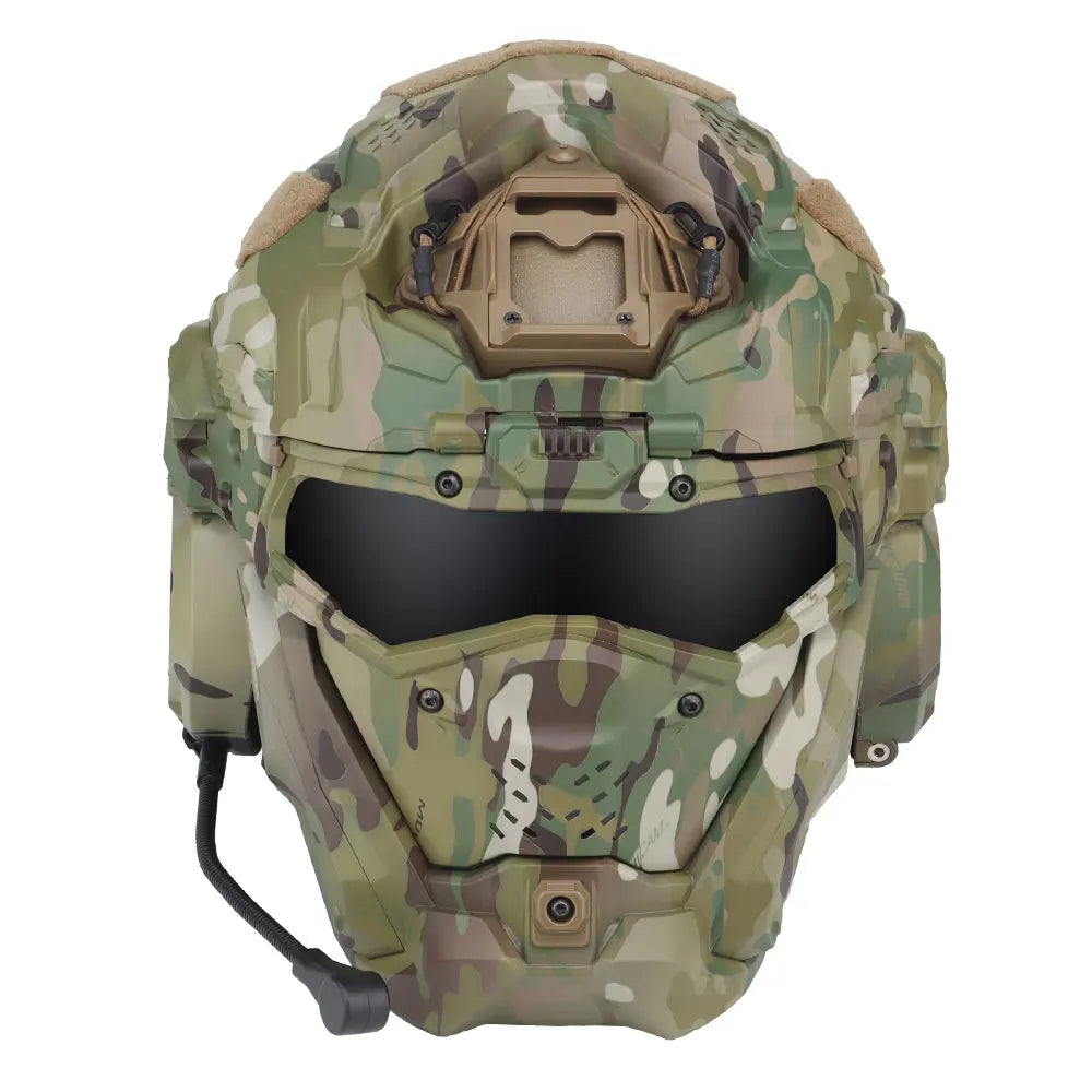 Assault Ⅱ Airsoft Helmet Full Face, Tactical Helmet with HD Headset Anti-Fog Fan 2 Pairs Lens Flip Mask for Outdoor CS