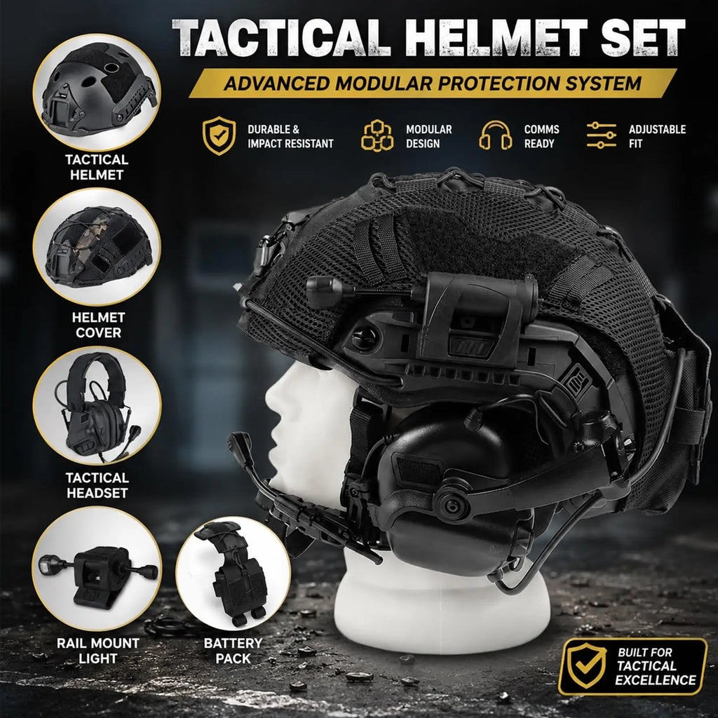 Tactical Helmet Set with Headset Mesh Cover Boom Mic Counterweight Pouch for Airsoft Paintball Cosplay
