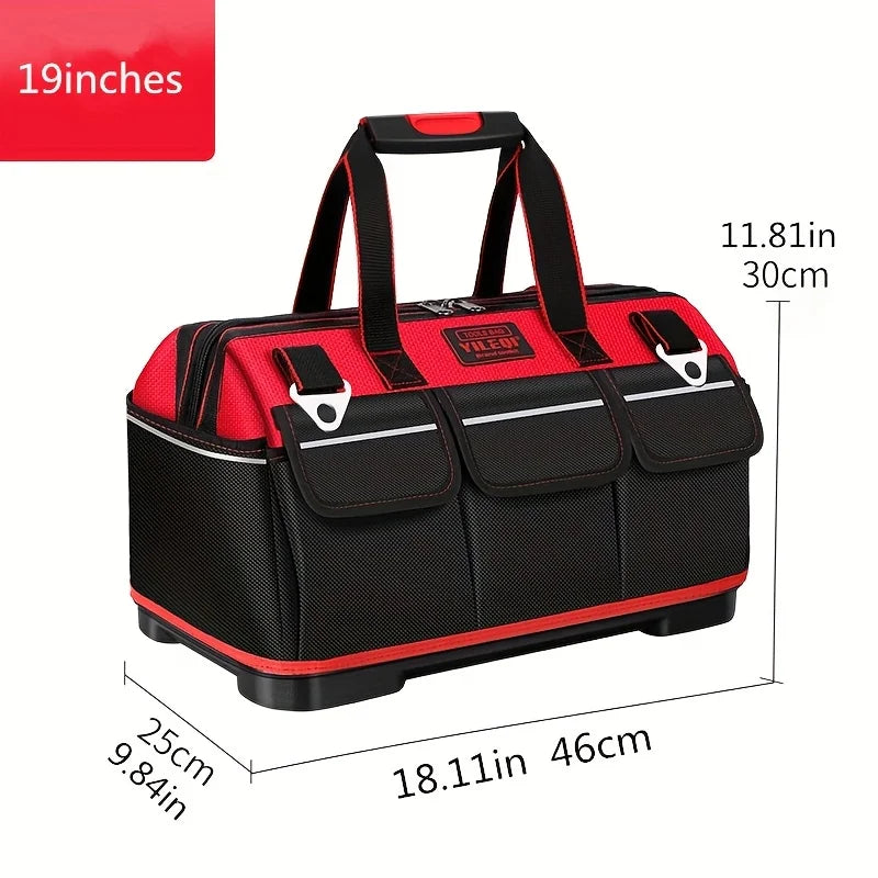 A Red Electrician'S Tool Bag Available in 17-Inch, 19-Inch, And 23-Inch Sizes, Featuring a Large Pocket Made of Canvas And Oxford Cloth, Designed for Heavy-Duty Use. It'S Suitable for Electricians, Home Improvement, Fishing, And Various Repair Tasks