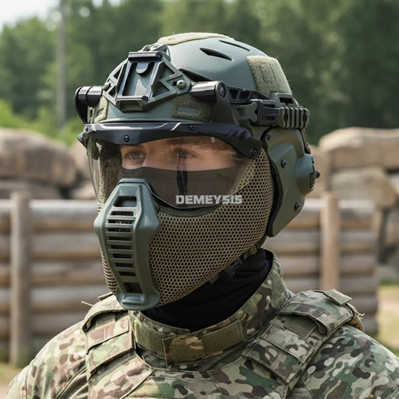 Modular Tactical Full Covered Helmet with Face Mask Mouthguard/Flip Goggles/Ear Cover Hunting Airsoft Paintball 3.0 Wendy Helmet