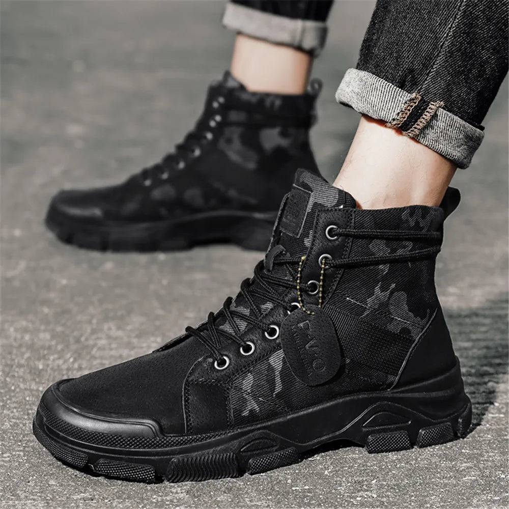 Men's canvas boots autumn winter new plus velvet high-top warm casual boots outdoor boots camouflage tooling boots desert boots