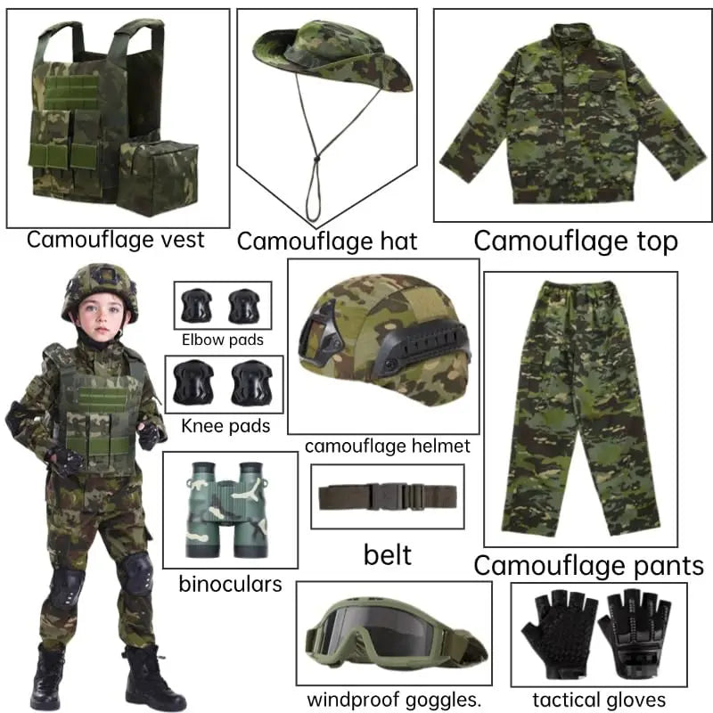 Kids Military Combat Costume with Tactical Vest Airsoft Helmet Telescope Outdoor Performance Children's Training Uniform Set
