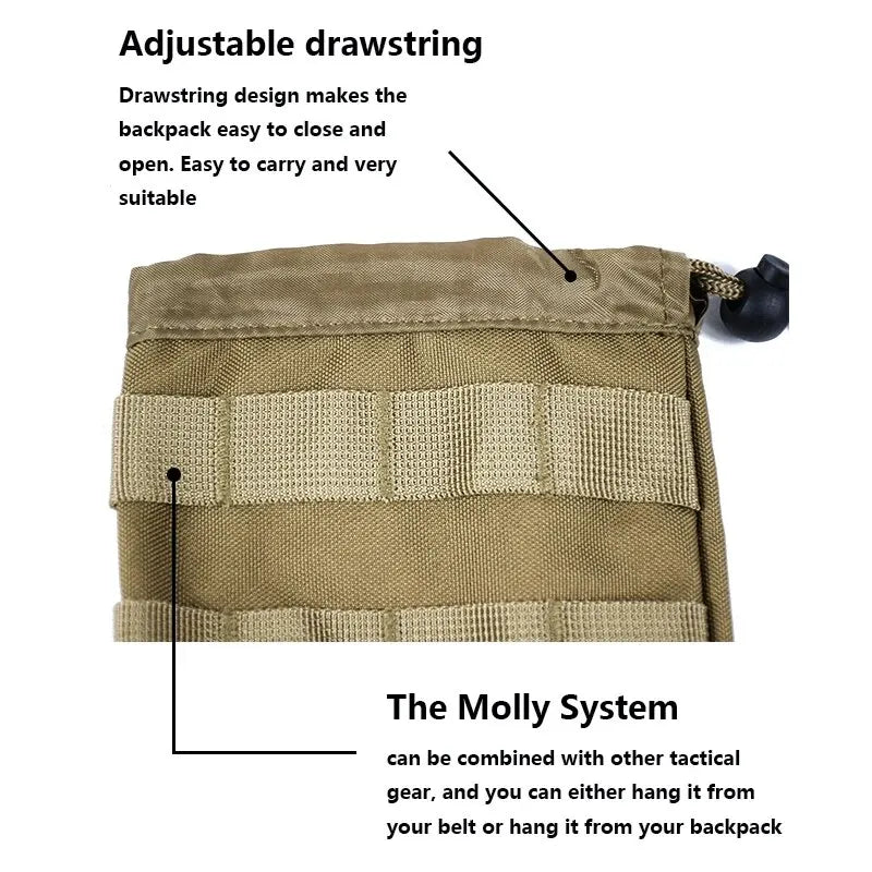 600D Tactical Small Water Bottle Bag Khaki Outdoor Hunting Bags with Multi-Function Adjustable Drawstring Molle External System