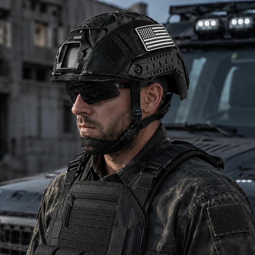 Tactical Fast PJ Helmet with Helmet Cover Pads Airsoft Paintball Combat Training Protection ABS Helmet with Magic Patches