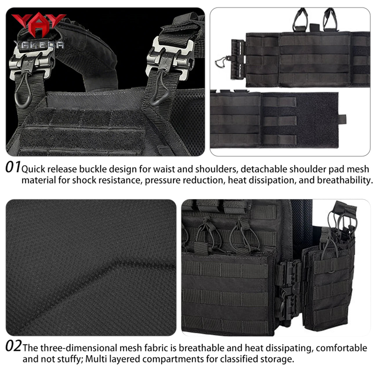 YAKEDA waist and shoulder straps with quick release buckles, MOLLE system with multiple accessories package hunting vest