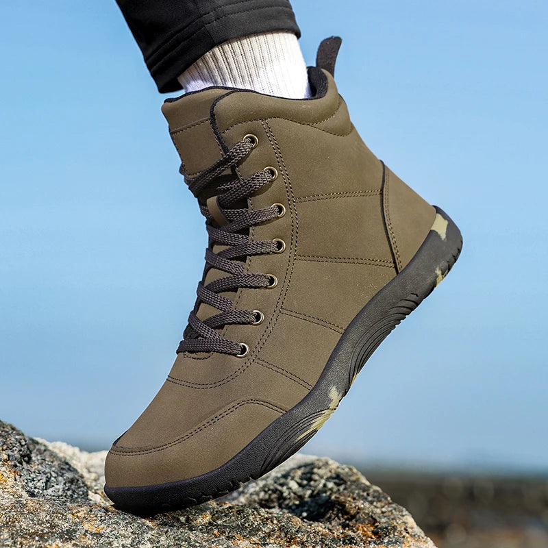 Outdoor Wide Toe Barefoot Men Hiking Boots Minimalist Leather Ankle Boots Zero Soles Winter Couple Walking Casual Sneakers