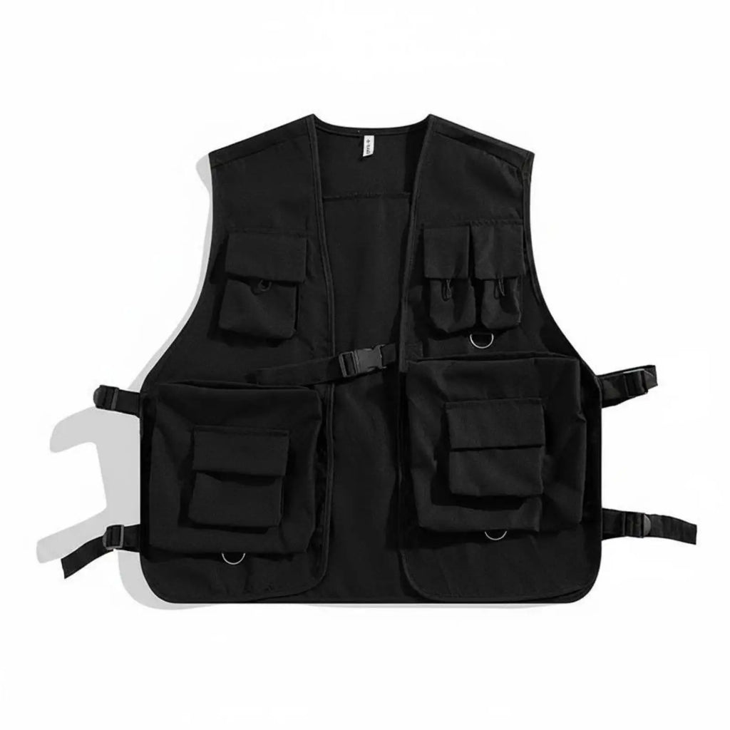 Black Cargo Vest Streetwear Multi-Compartment Vest Apparel for Women, Outdoor