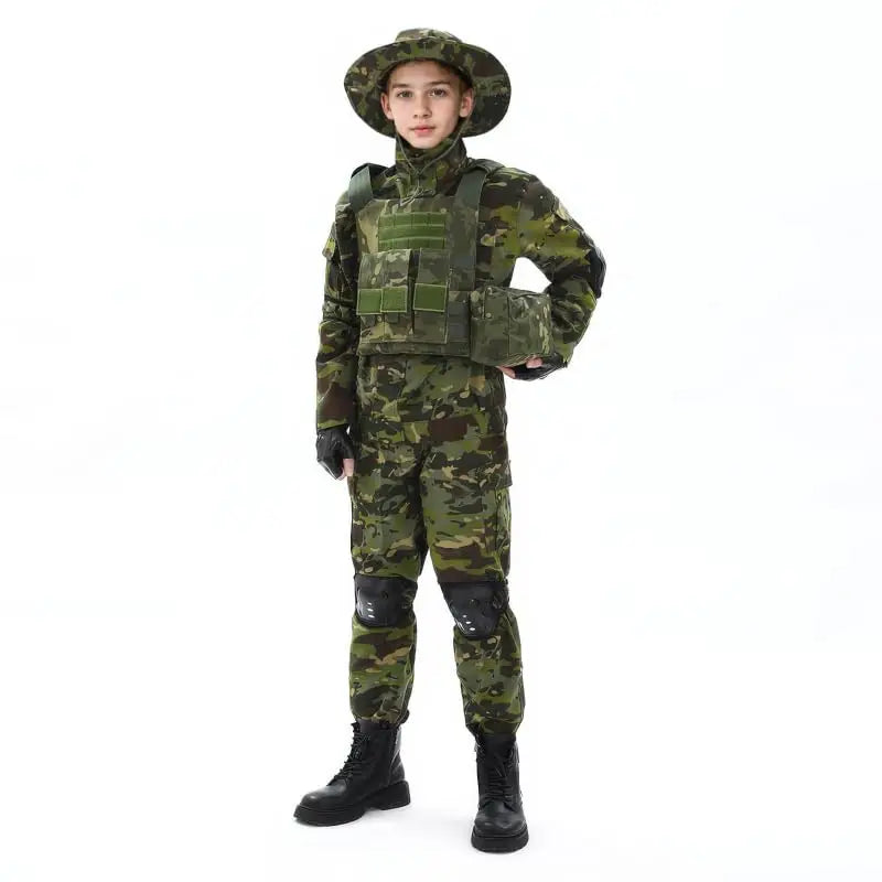 Kids Military Combat Costume with Tactical Vest Airsoft Helmet Telescope Outdoor Performance Children's Training Uniform Set