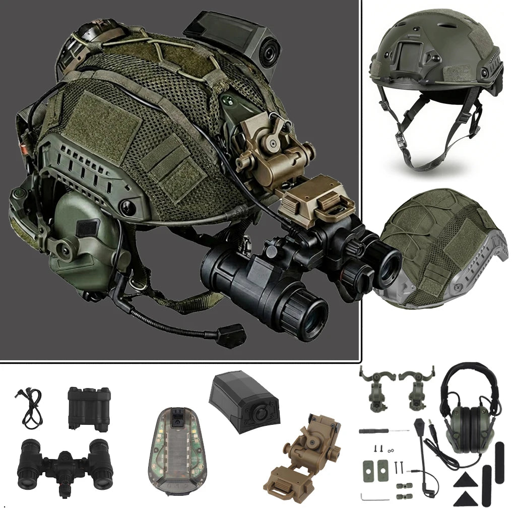 Tactical Airsoft Helmet Set with GPNVG18 NVG Model, Cover, Headset & Signal Light for Paintball Military Wargame Hunting Gear