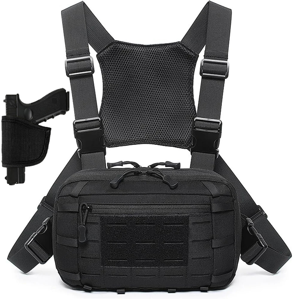 Tactical Chest Rig Bag with Gun Holster Hunting Chest Pack Molle Admin Pouch Utility EDC Chest Pouch Pistol Bag Adjustable Strap