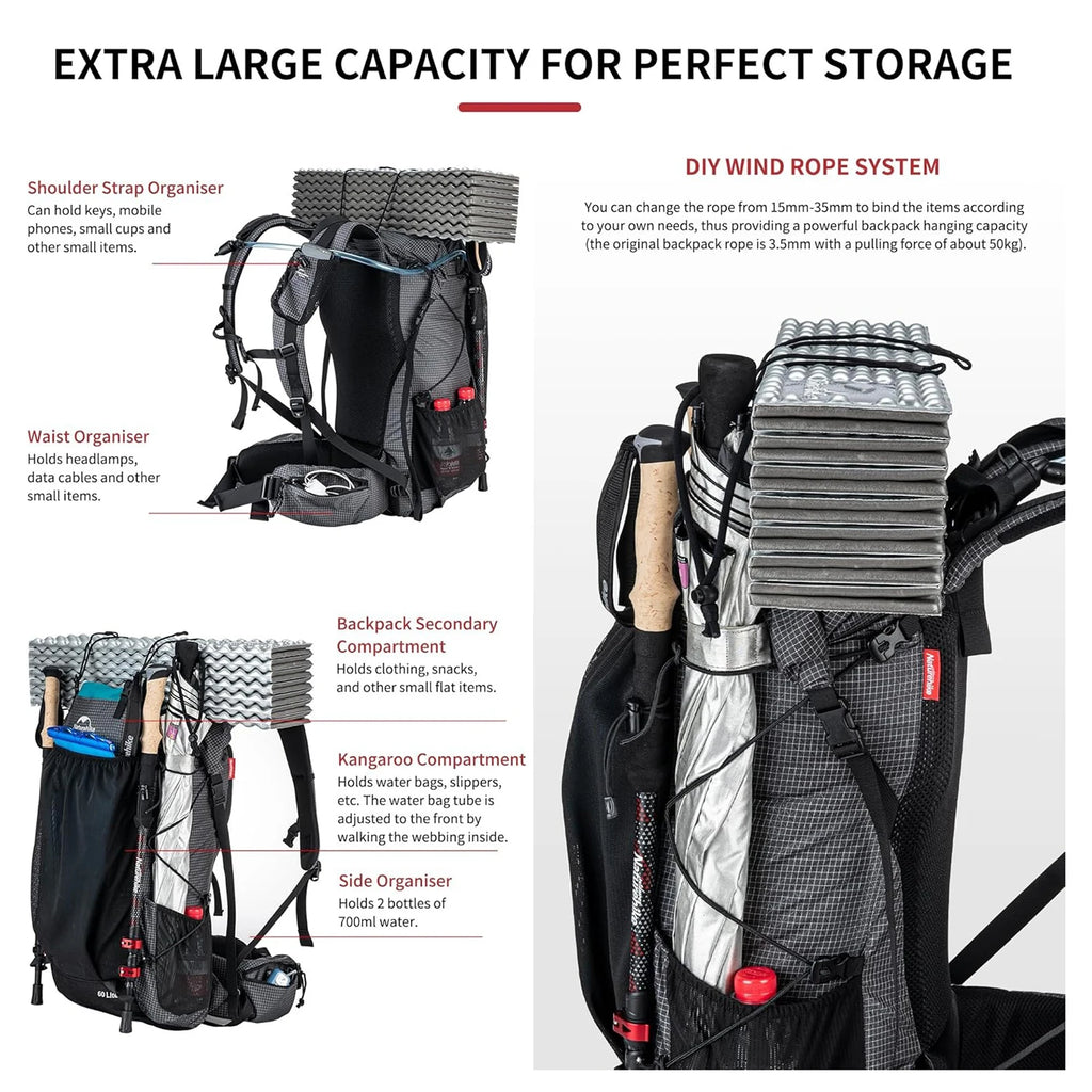 Naturehike Outdoor Mountain Backpack 60+5L Waterproof High Capacity Sports Climbing Hiking Travel Bag With Rain Cover