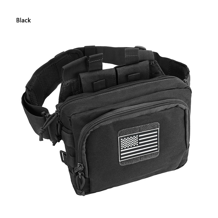 Cycling hiking bag, field camping portable bag, double zipper multi compartment MOLLE webbing system, hidden expandable mesh bag