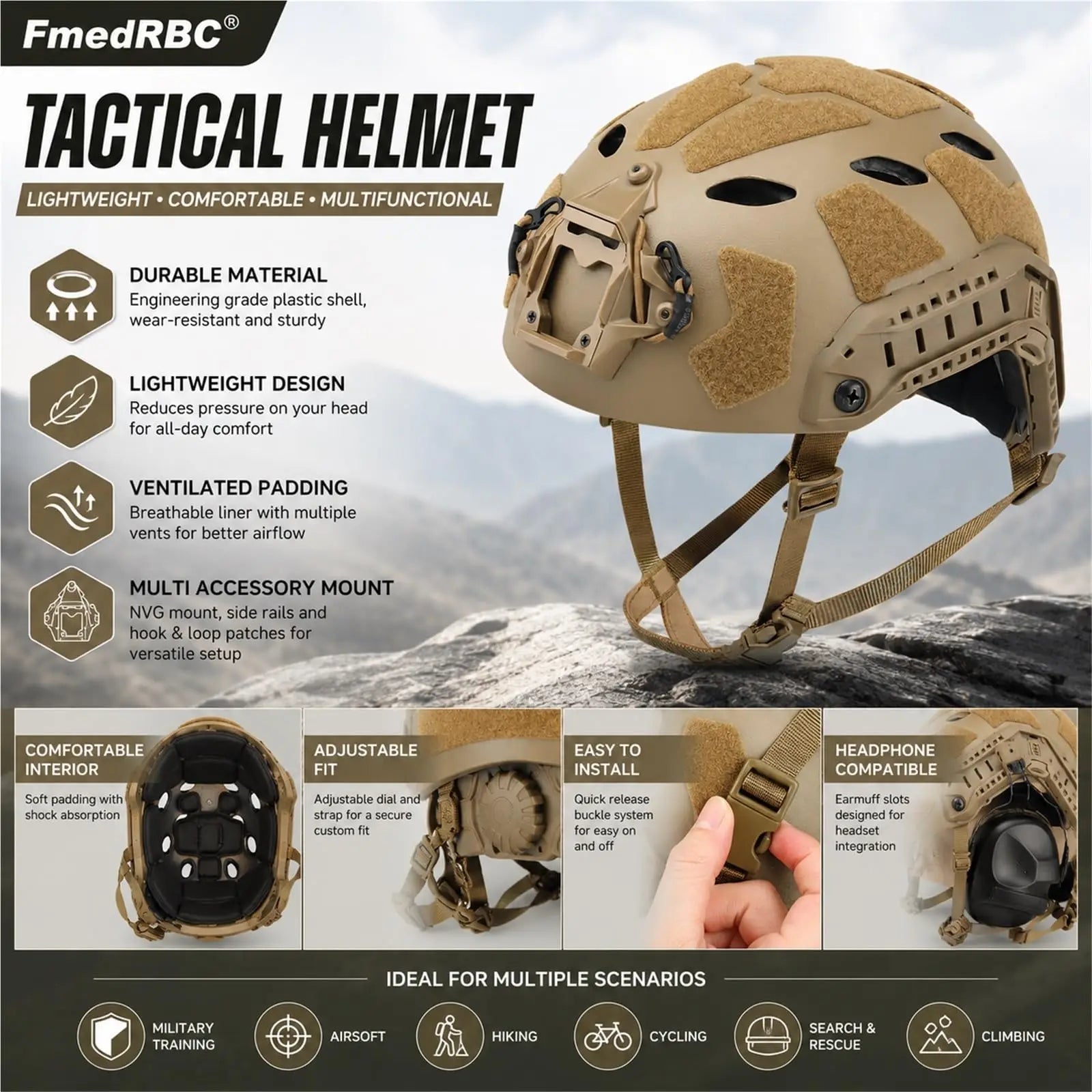 Tactical Helmet Set with Quad Dummy NVG Goggles Comms Headset Signal Light Airsoft Helmet Gear for Cosplay Paintball Training