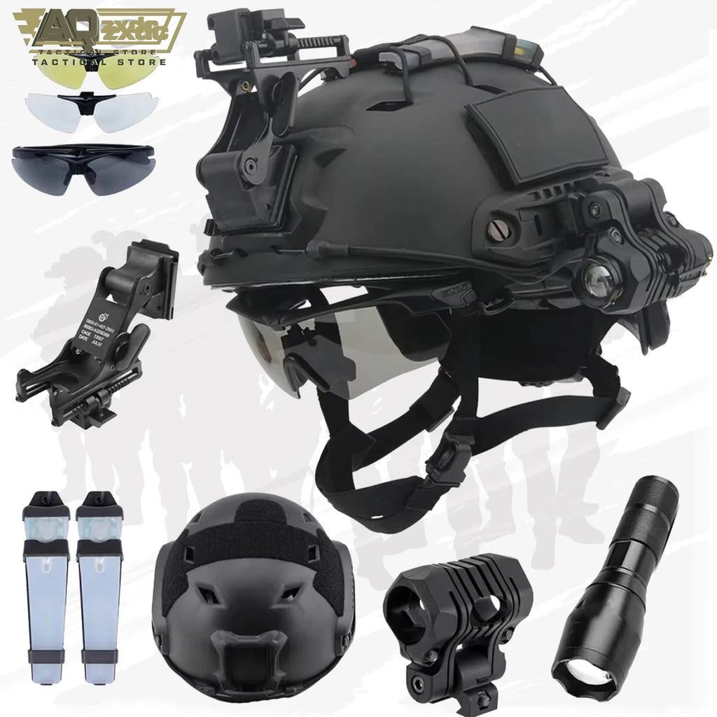 AQzxdc Airsoft Helmet Set Tactical Goggles Helmet Light Signal Light Tactical Flashlight and Night Vision Goggle Mount Bracket