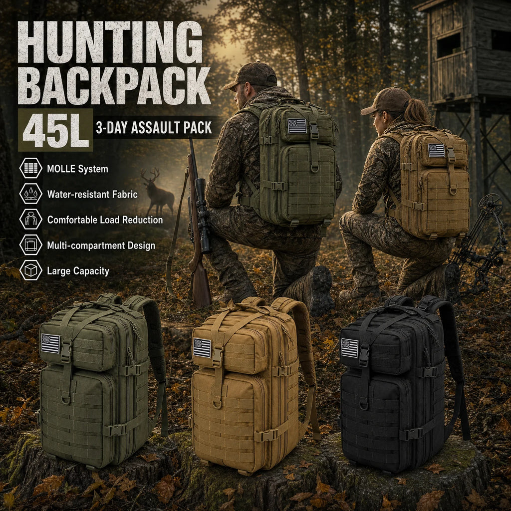 45L Tactical Hunting Backpack Molle Camo Water Resistant Outdoor Field Bag Camping Hiking Trekking Bushcraft Survival Bug Out Bag Large Capacity Rucksack Daypack Men Women Hunters Durable Wear Resistant Heavy Duty Multi Pocket Trail Wilderness Hunting