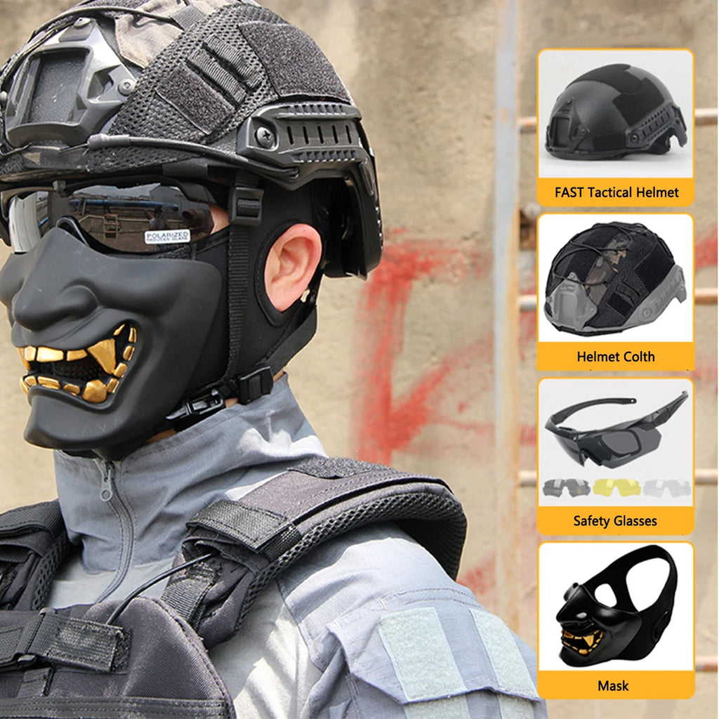 Tactical Helmet Set with Night Vision Device Model Shooting Goggles Flashlight Headset Half Face Mask for Cosplay Paintball